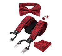 Alizeal Set da uomo con papillon e bretelle, fazzoletto e gemelli, 6 clip, colore nero, 071-vino Rosso, Taglia unica