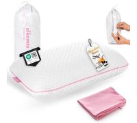 alkamto Cuscino da Viaggio Cuscino da Campeggio - Memory Foam con Federa in Cotone Extra - Borsa Inclusa (40x25x10 cm Rosa)
