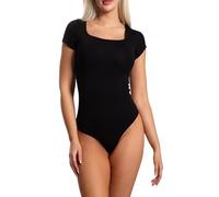 Alkato Body Donna Manica Corta Cotone - Body Donna con Scollo Tondo e Chiusura con Bottoni a Pressione, Nero/Scollo quadrato, XS (Lungo 170-176 cm)