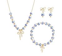 Alksubbm Elegante Set di Gioielli in Ceramica Bowknot Perline per le Donne Classico Blu e Bianco Modello Cina Collana Orecchio Accessorio Blu Bianco, Misura unica, come descritto, come descritto