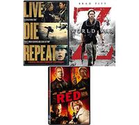 All Action All 3 DVD Triple Pack: Set World War Z Brad Pitt + Live Die Repeat Tom Cruise + Red Bruce Willis (3 DVD Zombie / Alien Set)
