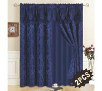 All American Collection New 4 Piece Drape Set with Attached Valance and Sheer with 2 Tie Backs Included (96"""" Length Navy)
