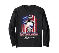 All American Nana Patriotic Messy Bun Skull USA 4th Of July Maglia a Manica