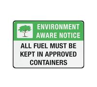 All Fuel Must Be Kept In Approved Containers - Cartello di avvertimento con scritta in lingua inglese "Environment Aware", cartello di sicurezza per esterni, 30,5 x 20,3 cm