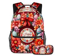 All-in-One Convenienza, Zaino con Astuccio, La Borsa Essenziale Libro Da Viaggio per Studenti, Rosso Happy Easter Wreath, Multicolore, B：29.4x20x40cm P：19x7.5x3.8cm, Zaini Daypack