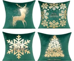 All Smiles Set di 4 federe per cuscini in velluto verde scuro e oro, 45,7 x 45,7 cm, decorazioni natalizie per interni, decorazione per la casa, per divano, albero di Natale, fiocco di neve, renna