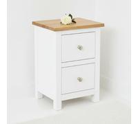 ALL WHITE Comodino classico con piano in 100% rovere, comodino in legno massello con maniglia cromata, ideale per camera degli ospiti, soggiorno o tavolo da lampada, comodino compatto con 2 cassetti