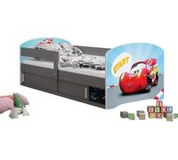 All4All Letto per bambini Leo - 160x80cm Junior - Cameretta - con contenitore - Cars - Hello Kids - Letto in legno - Rete a doghe - Rete a doghe - 20 (Cars con telaio grafite, con materasso)