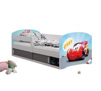 All4All Letto per bambini Leo - 160x80cm Junior - Cameretta - con contenitore - Cars - Hello Kids - Letto in legno - Rete a doghe - Rete a doghe - 20 (Cars con telaio bianco, con materasso)