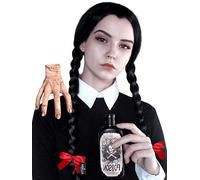 ALLAURA Addams - Parrucca intrecciata nera con trecce e nastri rossi per costume di Halloween, compatibile con parrucca e costume da mercoledì Addams