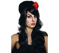 ALLAURA Amy, parrucca nera con fiore rosso, compatibile con parrucca Amy Winehouse, parrucca riccia anni '90, parrucca per costume da vampiro, per donne e ragazze