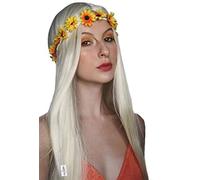 ALLAURA Parrucca con fascia a fiori - Parrucca da donna hippie con costume anni '70 + fascia a fiori rimovibile, parrucca lunga bionda