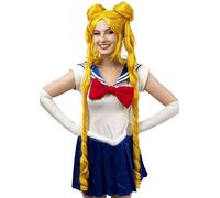 ALLAURA SailorMoon - Parrucca per Tsukino Usagi, parrucca per cosplay, capelli biondi gialli, con 2 code di cavallo, per cosplay di anime, per donne e ragazze, graziosa, lunga, ondulata, per Halloween