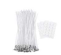 ALLAVA Set di 50 stoppini per candele, 10 cm, con 60 adesivi in cotone biologico naturale pre-cerato con cera di soia, per fare candele fai da te
