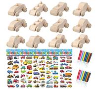 Allazone 12 Pz Auto in Legno Fai Da Te, Auto in Legno per La Pittura Mini Legno Giocattolo Auto DIY con Adesivo, Penna Colorata per Attività a Casa Degli Studenti, Progetti di Artigianato