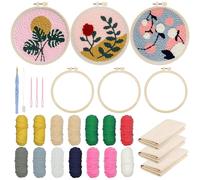 Allazone 3 Pz Punch Needle Kit, Kit per Ricamo, Set da Ricamo Starter Kit con Motivo e Lstruzioni per Principianti, Adulti per Fai Da Te, Artigianato (Piante e Fiori)