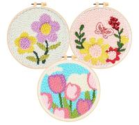 Allazone 3 Pz Punch Needle Kit, Punch Needle Kit Completo per Ricamo, Ricamo Starter Kit con Motivo de Libellule, Fiori e Lstruzioni, Set da Ricamo per Principianti e Adulti