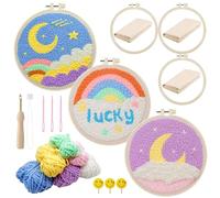 Allazone 3 Pz Punch Needle Kit, Ricamo Starter Kit, Kit per Ricamo con Motivo e Istruzioni, Set da Ricamo per Principianti, Adulti e Bambini, per Fai Da Te, Artigianato (Arcobaleno e Luna)