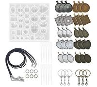 Allazone 57 Pz Ciondolo Vassoi Pendenti Metallo e Stampo Silicone Resina Cabochon Cameo, 5 Stile Vassoi Pendenti e Portachiavi, Corda in Cera Nera per La Collana di Braccialetti Crafting DIY
