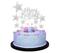 Allazone Cake Topper Compleanno Decorazione per Torte, 1 Pz Argento Buon Compleanno Torta Topper e 12 Pz Argento Stelle Happy Birthday Cake Topper