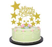 Allazone Cake Topper Compleanno Decorazione per Torte, 1 Pz Oro Buon Compleanno Torta Topper e 12 Pz Oro Stelle Happy Birthday Cake Topper
