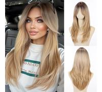 Allbell Parrucca bionda da donna, lunga e liscia, scalata, con frangia, capelli sintetici biondo ombré con colpi di sole