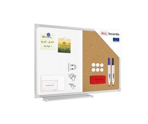 ALLboards Lavagna Bianca Magnetica e in Sughero Combinata 60x40cm Scrivibile e Cancellabile a Secco per Puntine Magneti Calamite e Puntine