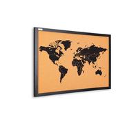 ALLboards Lavagna in sughero MAPPA DEL MONDO cornice in legno NERA 60x40cm, bacheca in sughero