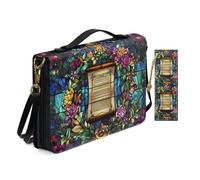 Allcute Custodia per bibbia con stampa estetica per le donne con segnalibro in pelle PU Bibbia copertura borsa con tracolla, Pergamena floreale stile vetro colorato, 11.2x8x2.2 inches