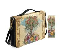 Allcute Custodia per bibbia vintage floreale da donna con segnalibro in pelle PU con cerniera e manico a tracolla, Croce albero floreale illustrazione retrò, 10.2x7x1.9 inches
