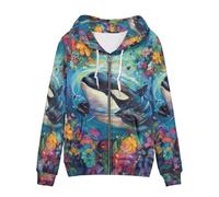 Allcute Felpe con cappuccio con stampa estetica da donna autunnale allentata con zip con cappuccio con tasche frontali e cinturino con coulisse, Arte Orca Floreale, Large