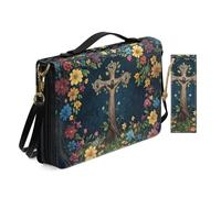 Allcute Religioso Art Print Bibbia Borse per le Donne Impermeabile PU Pelle Bibbia Cover Case con Segnalibro Tracolla, Stampa floreale in legno con croce sacra, 9.2x6.3x1.6 inches