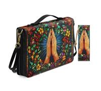 Allcute Religioso Art Print Bibbia Borse per le Donne Impermeabile PU Pelle Bibbia Cover Case con Segnalibro Tracolla, Vintage Corona Pregando Mani, 9.2x6.3x1.6 inches
