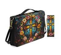 Allcute Religioso Art Print Bibbia Borse per le Donne Impermeabile PU Pelle Bibbia Cover Case con Segnalibro Tracolla, Croce floreale stile vetro colorato, 10.2x7x1.9 inches