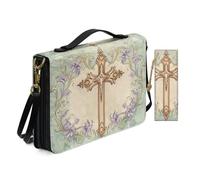 Allcute Religioso Art Print Bibbia Borse per le Donne Impermeabile PU Pelle Bibbia Cover Case con Segnalibro Tracolla, Croce Floreale Texture Vintage, 10.2x7x1.9 inches