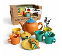 alldoro 60422 Set da tè con brocca - Set da 15 pezzi per la cucina dei bambini, in plastica e paglia di grano, ecologico