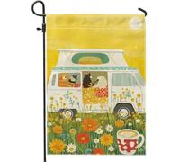 Allegra bandiera estiva da giardino, gialla vintage da campeggio con cani da campeggio, decorazione floreale per esterni, bandiera in iuta su entrambi i lati, decorazione per feste, 30,5 x 45,7 cm
