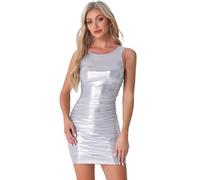 Allegra K Abito Aderenti da Donna Senza Maniche con Volant con Scollo Tondo Metallizzato Mini Abiti da Festa Argento S