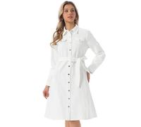 Allegra K Abito Camicia in Denim da Donna Abbottonato Manica Lunga con Cintura Classico Abito in Jeans Bianca L