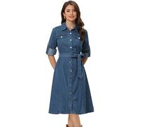 Allegra K Abito Camicia in Denim da Donna Abbottonato Manica Lunga con Cintura Classico Abito in Jeans Blu L