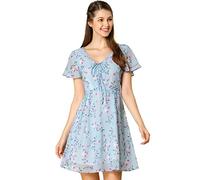 Allegra K - Abito da Donna in Chiffon con Scollo a V a Maniche Corte con Stampa Floreale Primaverile Estate Svasato, Blu, M