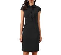 Allegra K Abito da Lavoro per Donna con Fiocco ai Collo Maniche Corte Abbottonatura Elegante Abito Tubino con Cerniera Laterale Nero M