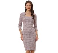 Allegra K Abito Elegante da Lavoro per Donna, Manica a 3/4, Abito aderente in Tweed a Quadri, rosa, S