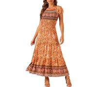 Allegra K Abito Floreale Boho per Abito Smock Midi con Scollo Quadrato da Donna Arancione S