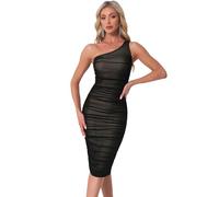 Allegra K Abito Monospalla da Donna Senza Maniche con Volant in Rete Party Abito Midi Aderente da Cocktail Nero S