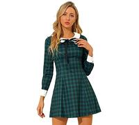 Allegra K Abito scozzese a maniche lunghe con colletto alla Peter Pan a contrasto per il giorno delle donne, Verde, 40