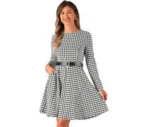 Allegra K Abito Scozzese Pied de Poule da Donna con Maniche Lunghe Collo Rotondo e Tasche con Cintura Abito a Trapezio Nero Bianco S