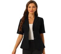 Allegra K Blazer da donna a maniche corte con bottoni sul davanti, in cotone e lino, colletto con risvolto, da lavoro, ufficio, casual, Nero , L