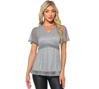 Allegra K Blusa Scintillante per Donna, Maniche Corte, Scollo A V, Peplo, Glitter, Party Club Top Grigio Argento S