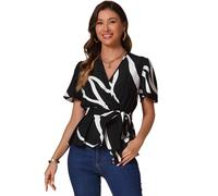 Allegra K Bluse Donna Maniche Corta Stampa Floreale Camicia con Peplum Top con Volant Estivo Causale Nero XS